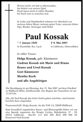 Traueranzeige von Paul Kossak von Tageszeitung