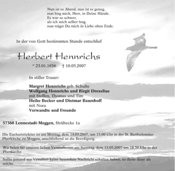 Traueranzeige von Herbert Hennrichs von Tageszeitung