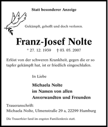 Traueranzeige von Franz-Josef Nolte von Tageszeitung