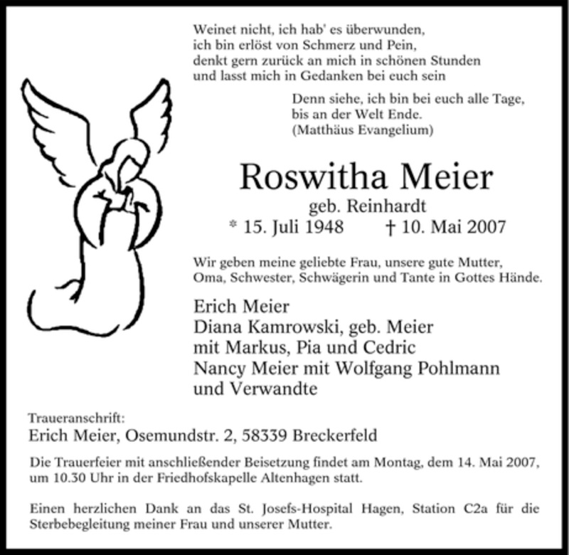 Traueranzeigen von Roswitha Meier TrauerinNRW.de