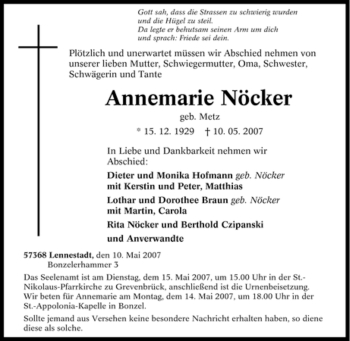 Traueranzeige von Annemarie Nöcker von Tageszeitung
