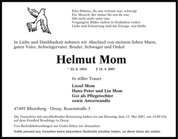 Traueranzeige von Helmut Mom von Tageszeitung