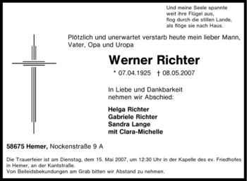 Traueranzeige von Werner Richter von Tageszeitung