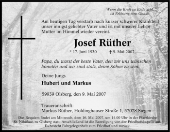 Traueranzeige von Josef Rüther von Tageszeitung