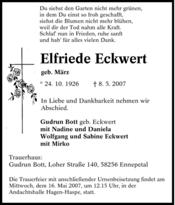 Traueranzeige von Elfriede Eckwert von Tageszeitung