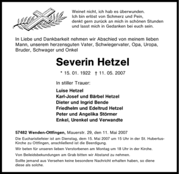Traueranzeige von Severin Hetzel von Tageszeitung