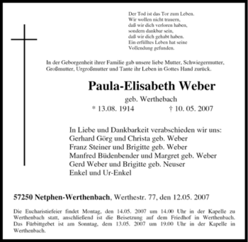 Traueranzeige von Paula-Elisabeth Weber von Tageszeitung