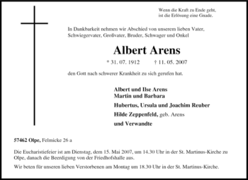 Traueranzeige von Albert Arens von Tageszeitung