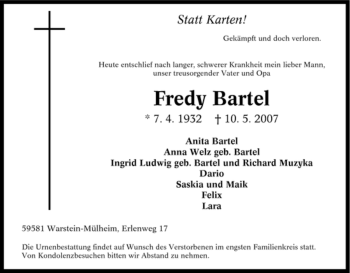Traueranzeige von Fredy Bartel von Tageszeitung
