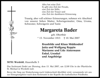 Traueranzeige von Margareta Bader von Tageszeitung