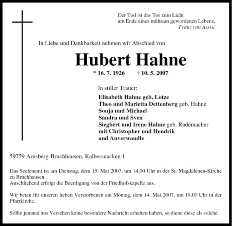  Traueranzeige für Hubert Hahne vom 12.05.2007 aus Tageszeitung