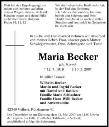 Traueranzeige von Maria Becker von Tageszeitung
