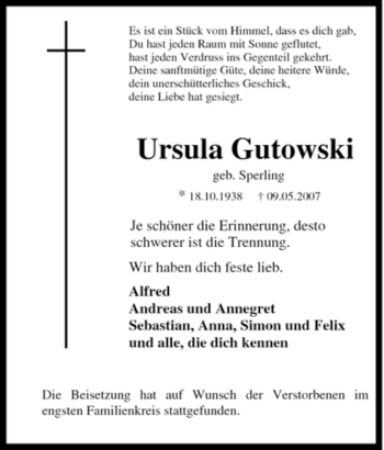 Traueranzeige von Ursula Gutowski von Tageszeitung