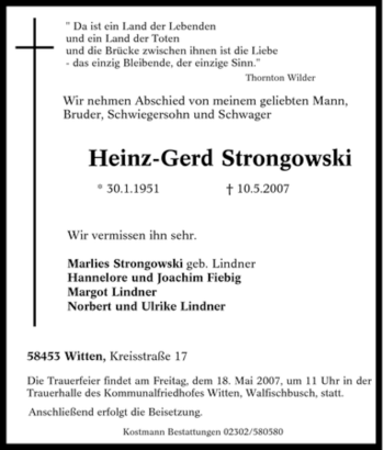 Traueranzeige von Heinz-Gerd Strongowski von Tageszeitung