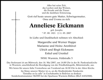 Traueranzeige von Anneliese Eickmann von Tageszeitung