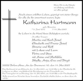 Traueranzeige von Katharina Hartmann von Tageszeitung