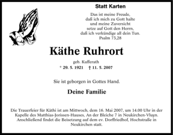 Traueranzeige von Käthe Ruhrort von Tageszeitung