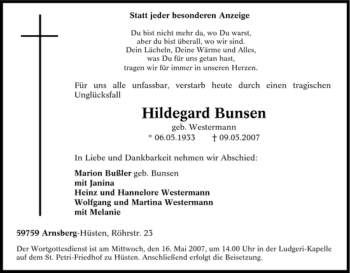 Traueranzeige von Hildegard Bunsen von Tageszeitung