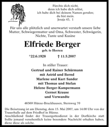 Traueranzeige von Elfriede Berger von Tageszeitung