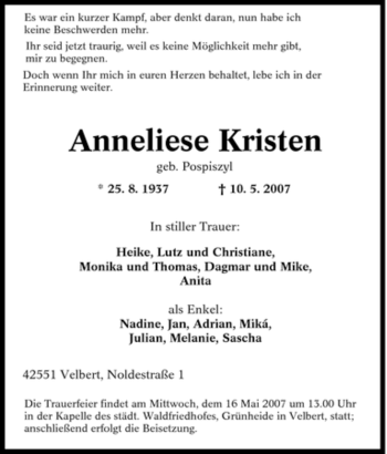 Traueranzeige von Anneliese Kristen von Tageszeitung