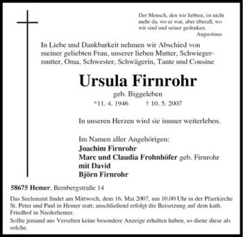 Traueranzeige von Ursula Firnohr von Tageszeitung