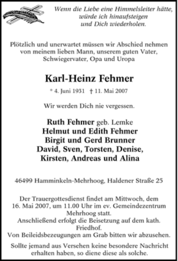 Traueranzeige von Karl-Heinz Fehmer von Tageszeitung