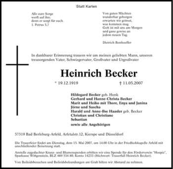 Traueranzeige von Heinrich Becker von Tageszeitung