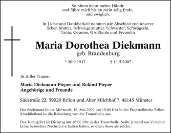 Traueranzeige von Maria Dorothea Diekmann von Tageszeitung