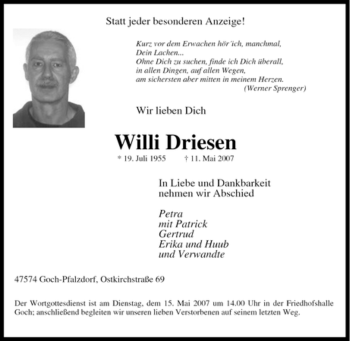 Traueranzeige von Willi Driesen von Tageszeitung