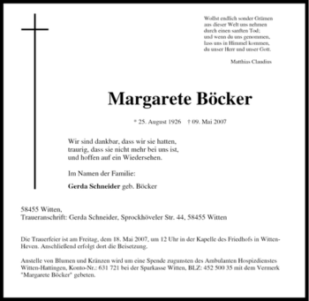 Traueranzeige von Margarete Böcker von Tageszeitung
