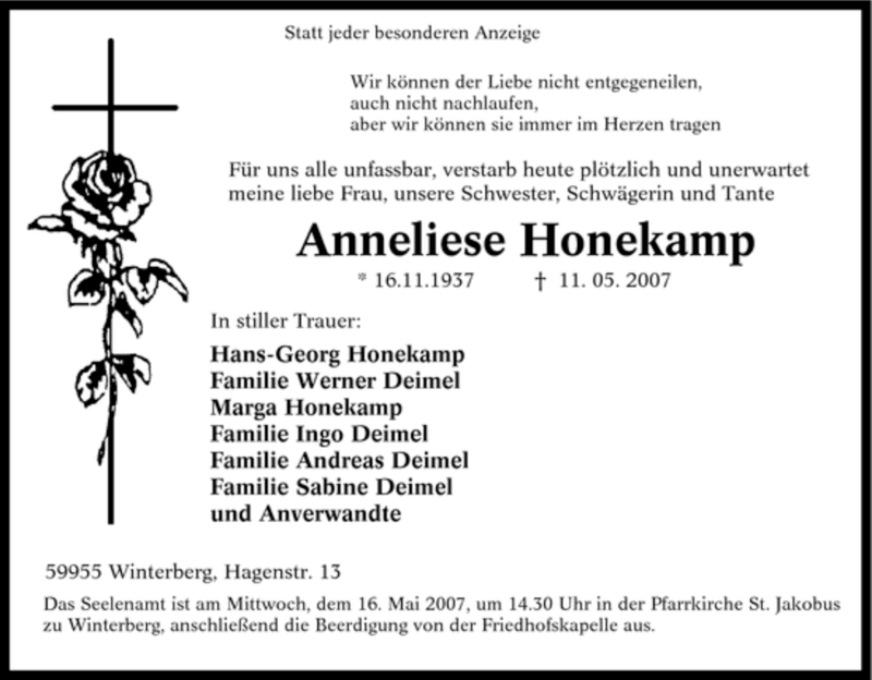  Traueranzeige für Anneliese Honekamp vom 14.05.2007 aus Tageszeitung