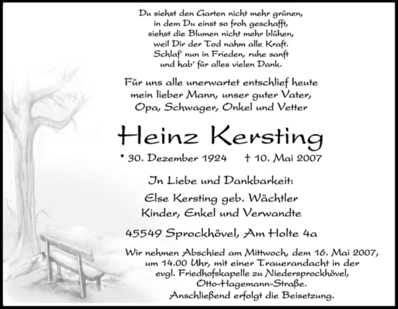  Traueranzeige für Heinz Kersting vom 14.05.2007 aus Tageszeitung