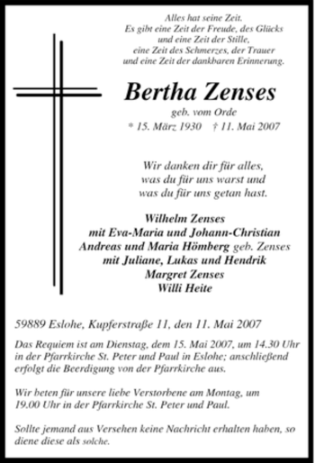 Traueranzeige von Bertha Zenses von Tageszeitung