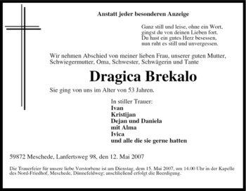 Traueranzeige von Dragica Brekalo von Tageszeitung