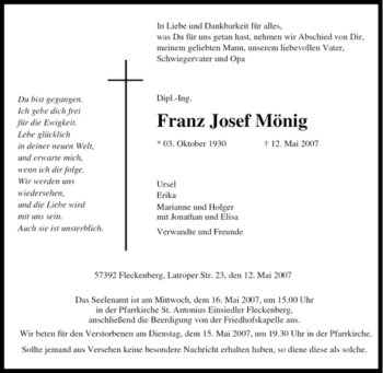 Traueranzeige von Franz Josef Mönig von Tageszeitung
