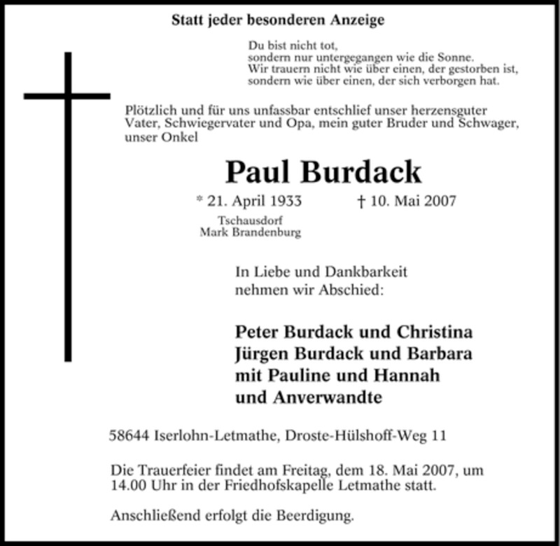  Traueranzeige für Paul Burdack vom 14.05.2007 aus Tageszeitung