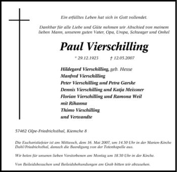 Traueranzeige von Paul Vierschilling von Tageszeitung