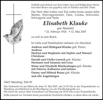 Traueranzeige von Elisabeth Klauke von Tageszeitung