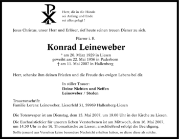 Traueranzeige von Konrad Leineweber von Tageszeitung