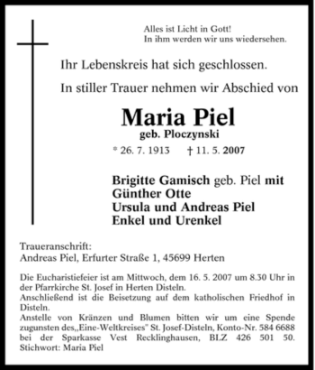 Traueranzeige von Maria Piel von Tageszeitung