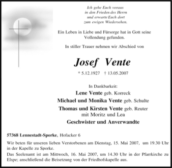 Traueranzeige von Josef Vente von Tageszeitung