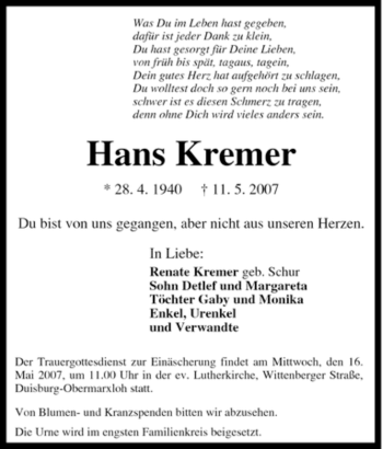 Traueranzeige von Hans Kremer von Tageszeitung