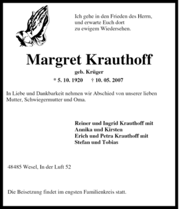 Traueranzeige von Margret Krauthoff von Tageszeitung