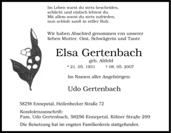 Traueranzeige von Elsa Gertenbach von Tageszeitung