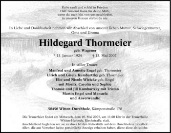 Traueranzeige von Hildegard Thormeier von Tageszeitung