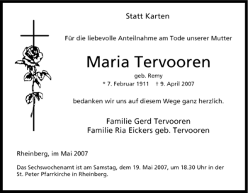 Traueranzeige von Maria Tervooren von Tageszeitung