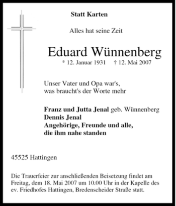 Traueranzeige von Eduard Wünnenberg von Tageszeitung