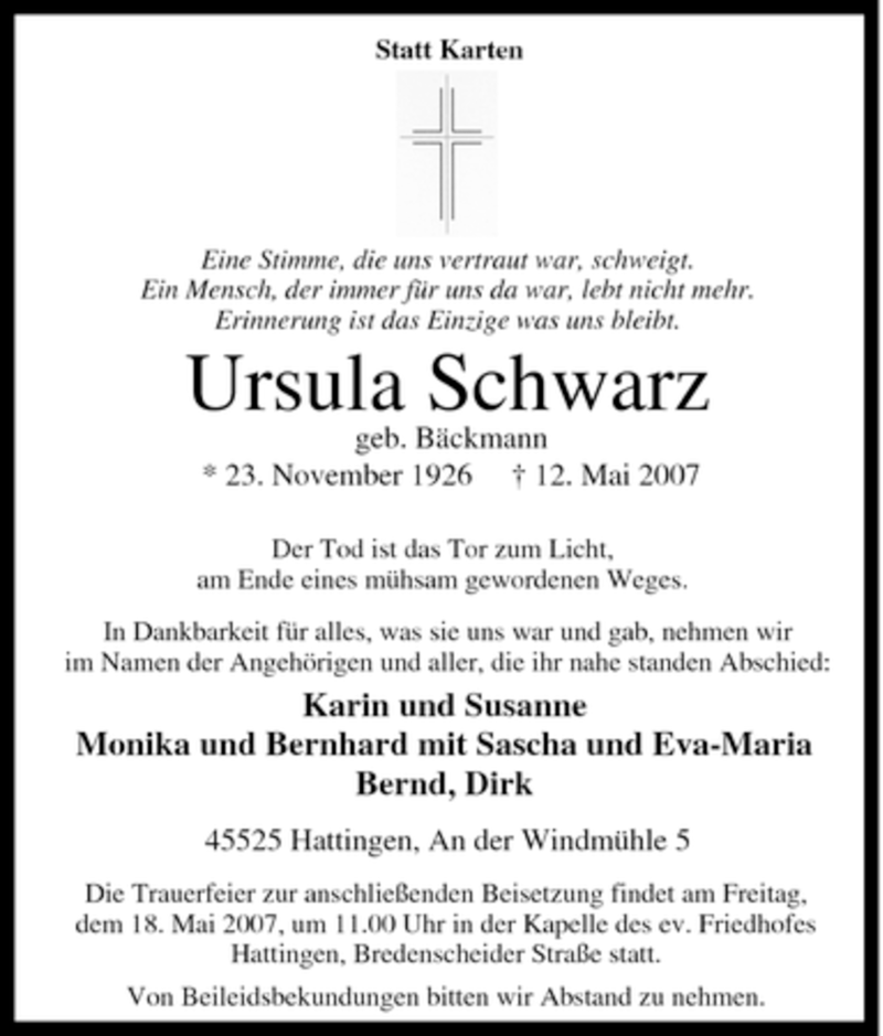  Traueranzeige für Ursula Schwarz vom 15.05.2007 aus Tageszeitung