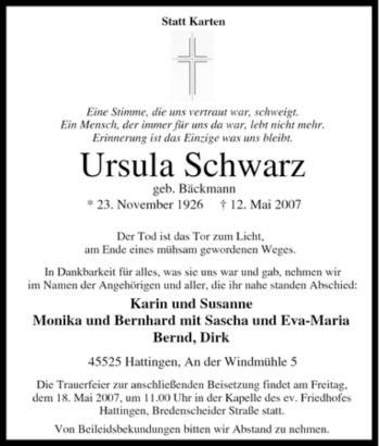 Traueranzeige von Ursula Schwarz von Tageszeitung