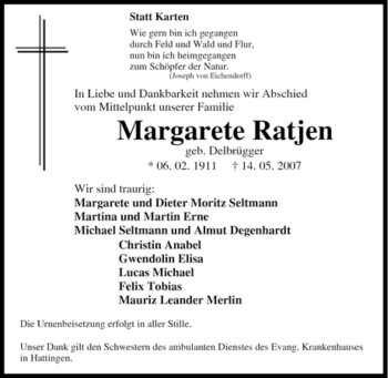 Traueranzeige von Margarete Ratjen von Tageszeitung